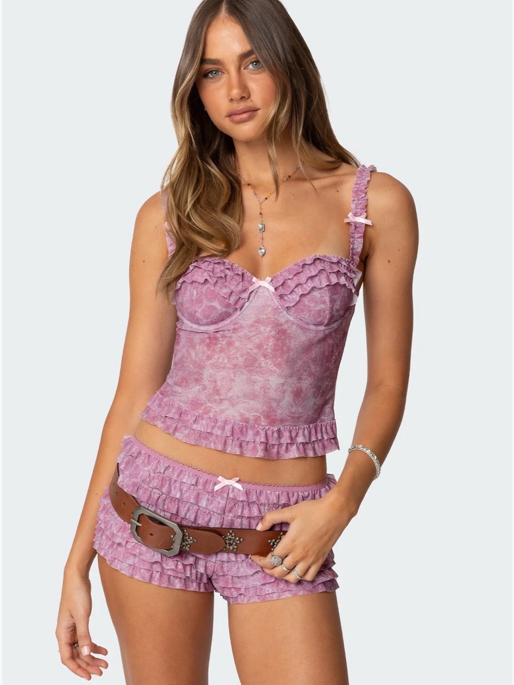 Edikted Lavender Ruffled Lace Bustier Tank & Shorts Set